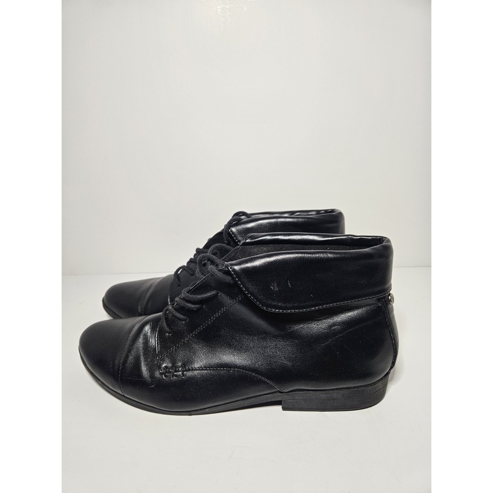 London Fog Crissy Black Lace Up Ankle Boots Women Sz 10 Cap Toe Fold Over Collar